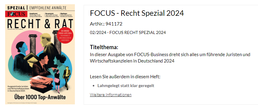 Illustration und Text für die Veranstaltungsseite „FOCUS-Recht Spezial 2024“ mit Datum, Details und Anmeldeinformationen