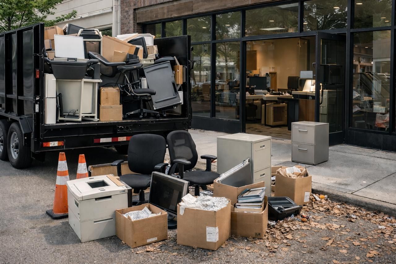 Moving truck with furniture and boxes outside an office building, with items stacked on the sidewalk.