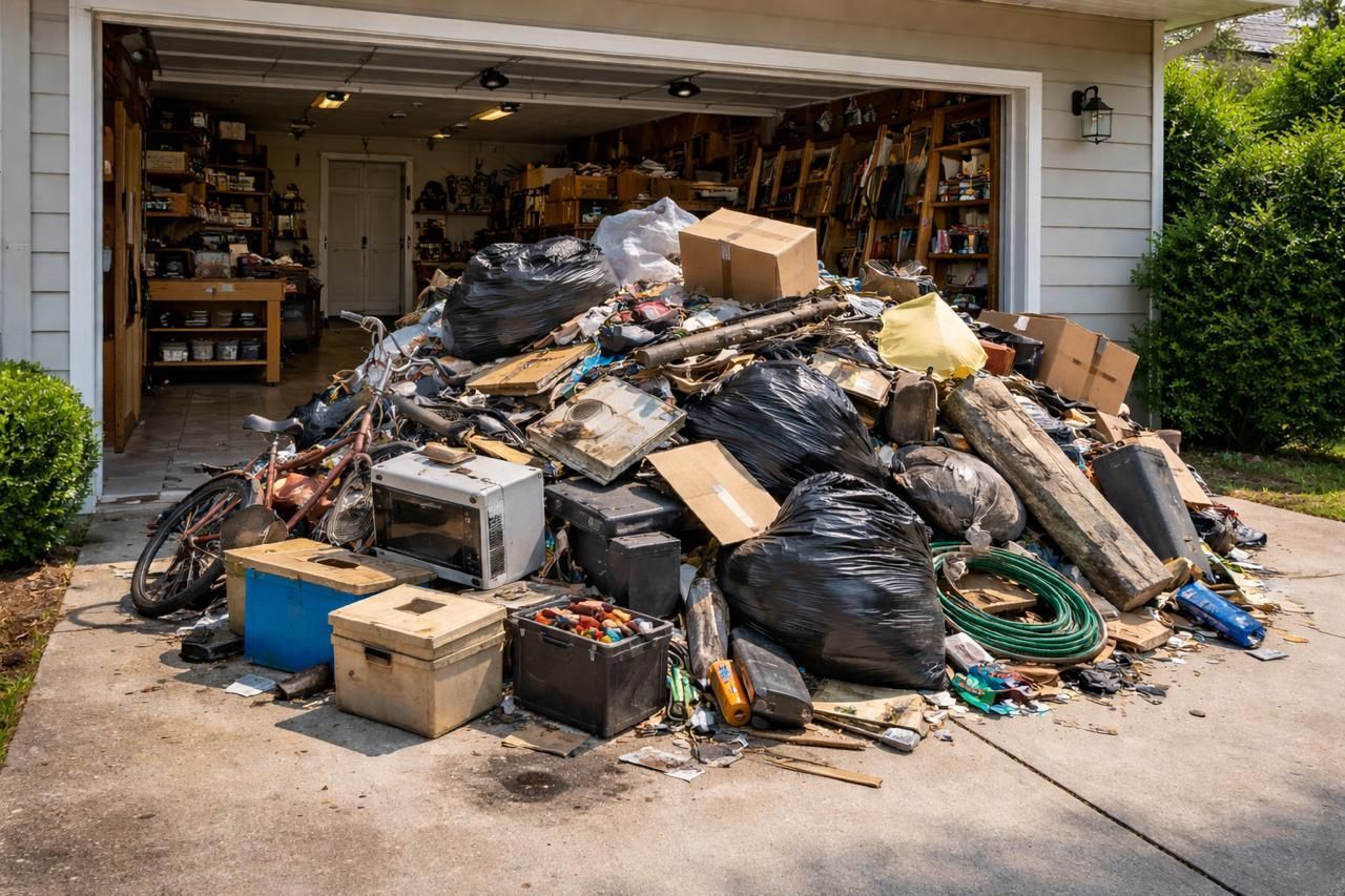 Large pile of trash bags, boxes, and debris blocking a garage driveway.