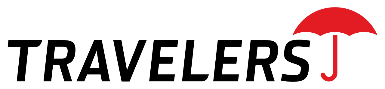 Travelers Insurance logo with red umbrella. Black text: TRAVELERS.