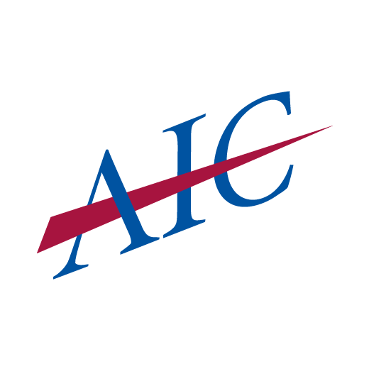 AIC logo with blue letters and a red diagonal line.