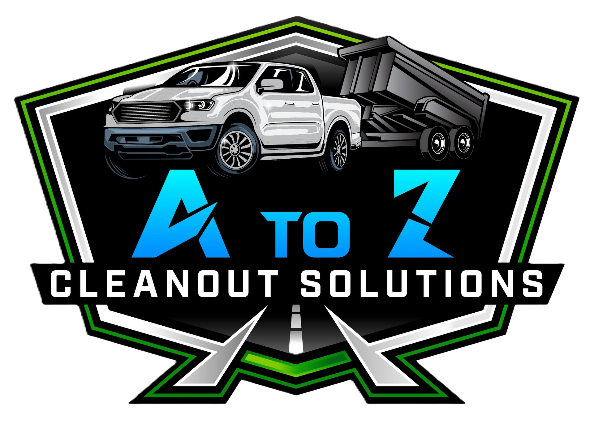 A to Z Cleanout Solutions logo with white pickup, dump trailer, and blue-green text on black background
