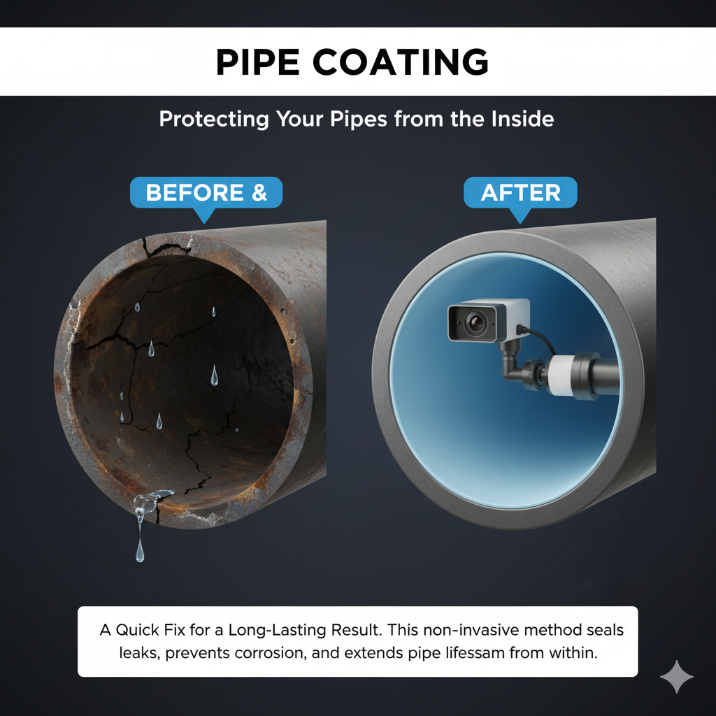 Diagram showing pipe before and after coating; before has cracks/leaks, after shows smooth interior and camera inside.
