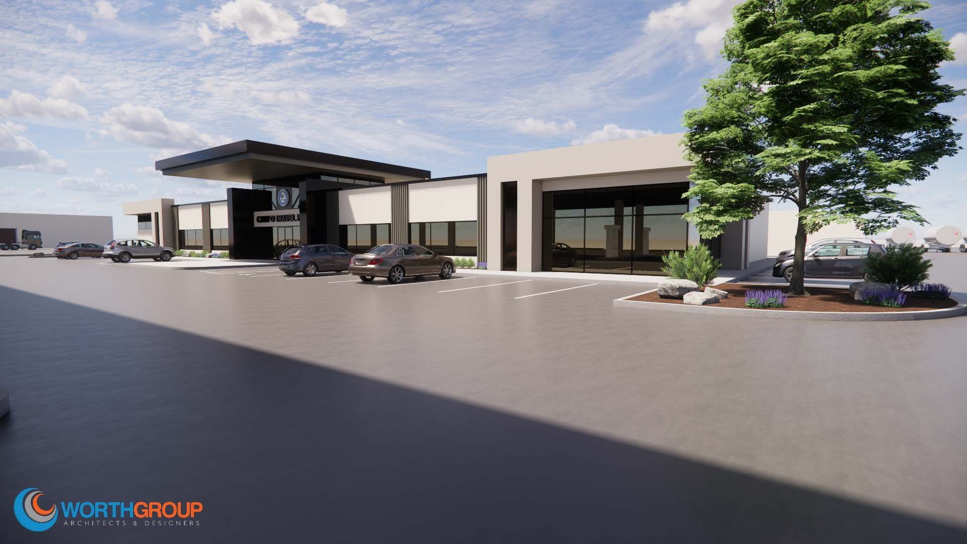 An artist 's impression of a large building with cars parked in front of it.