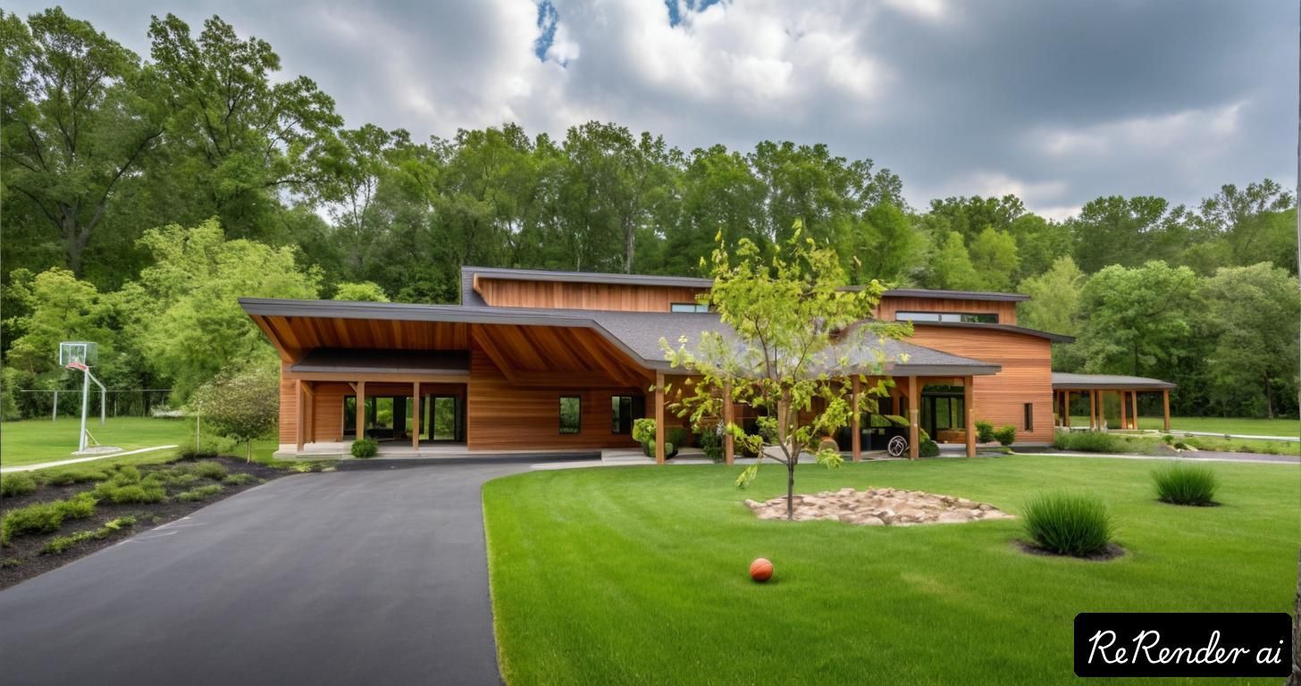 Modern wooden house with green lawn, driveway, and trees.
