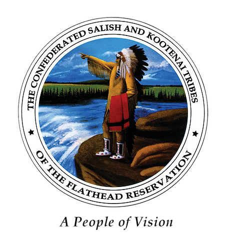 Confederated Salish and Kootenai Tribes seal: a Native American figure points, overlooking a waterfall and landscape.