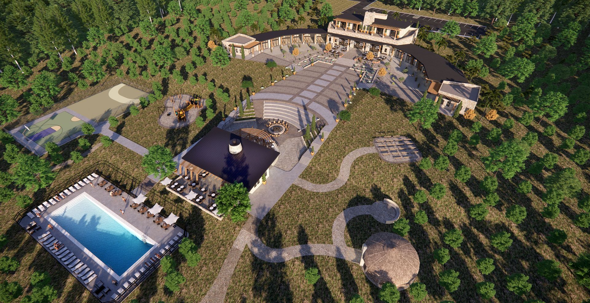 Aerial view of a sprawling resort complex featuring a swimming pool, tennis court, event tents, and various buildings.