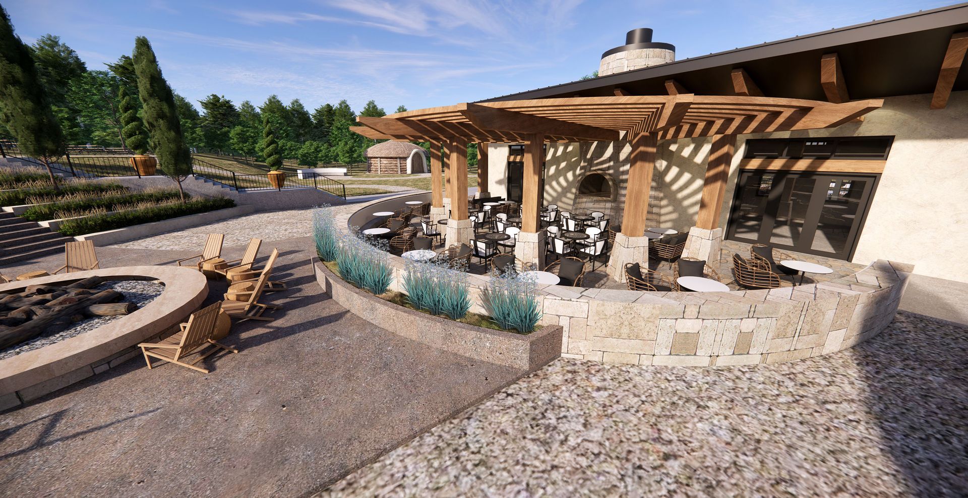 Outdoor patio with a wooden pergola, stone seating, fire pit, and chairs at a building with a beige stucco exterior.