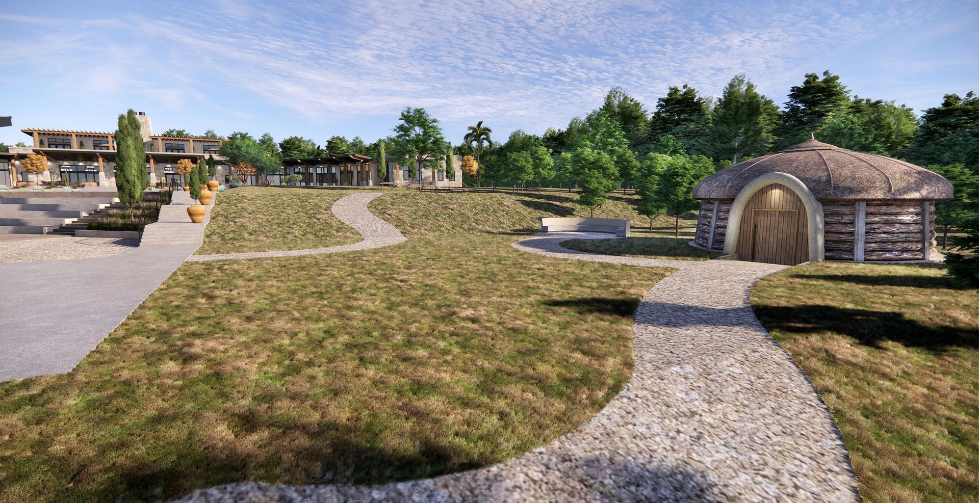 A grassy park with gravel paths, mature trees, and a small, thatched-roof structure on a bright, sunny day.