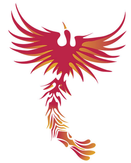 Red and orange phoenix rising with outstretched wings.