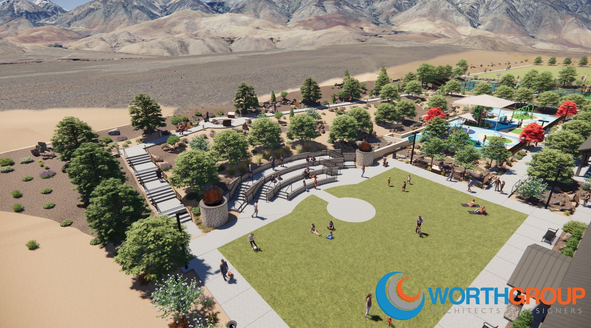 An aerial view of a park with worth group written on the bottom