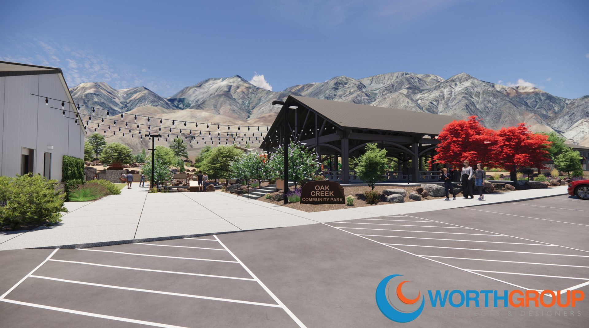 An artist 's impression of a pavilion with mountains in the background.