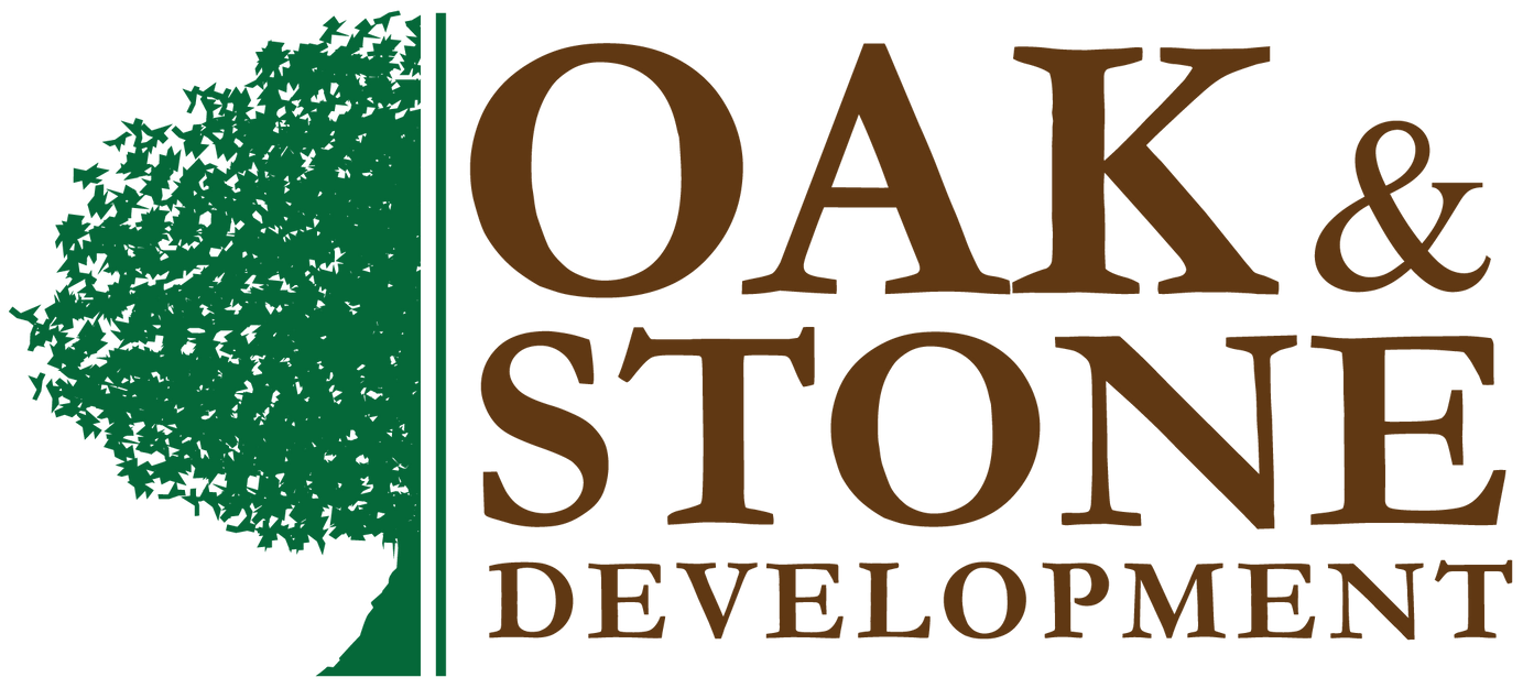A logo for oak and stone development with a tree in the middle