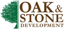 A logo for oak and stone development with a tree in the middle