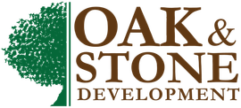 A logo for oak and stone development with a tree in the middle
