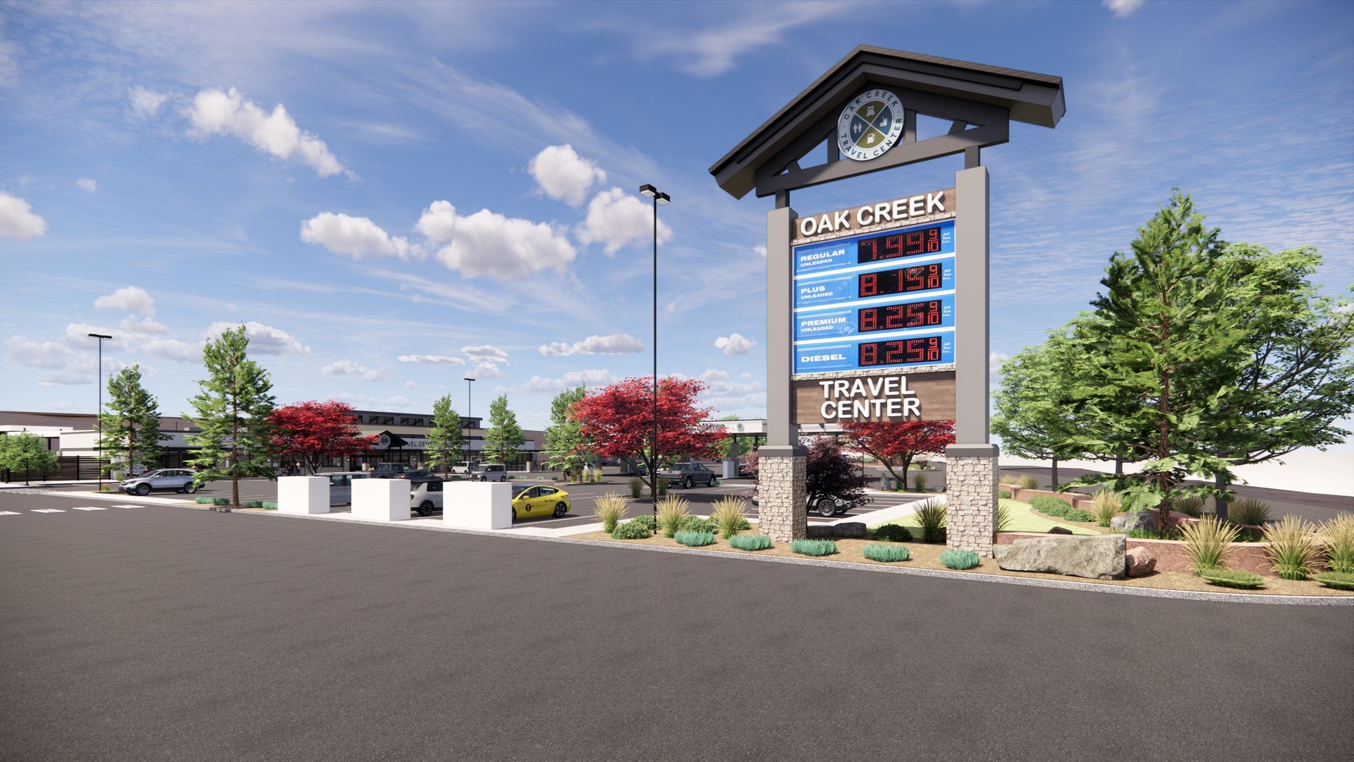 An artist 's impression of a gas station with a large sign in front of it.