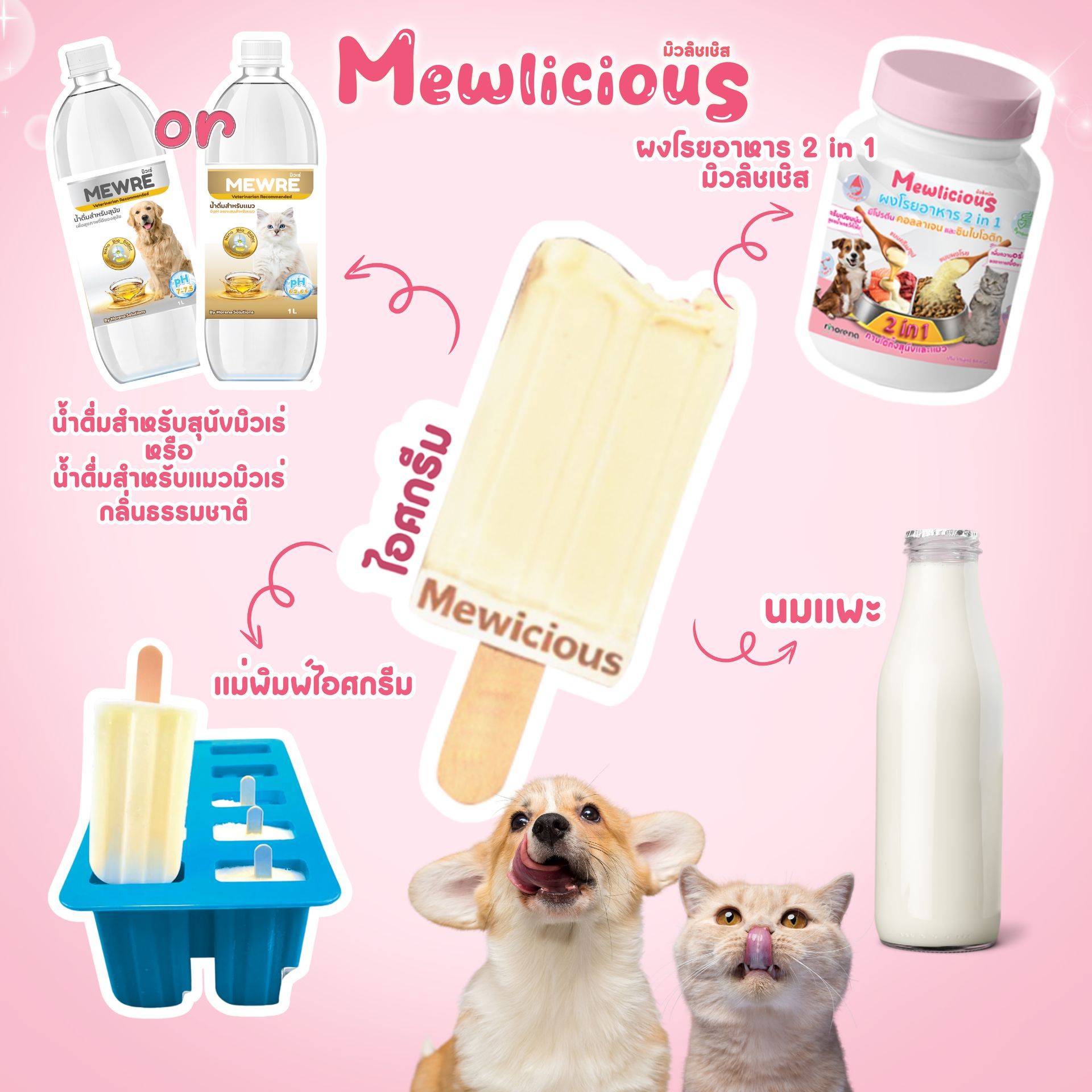 A dog and a cat are eating ice cream.