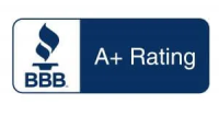 A blue and white bbb a+ rating logo on a white background.