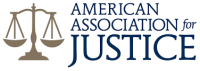 The logo for the american association for justice has a scale of justice on it.