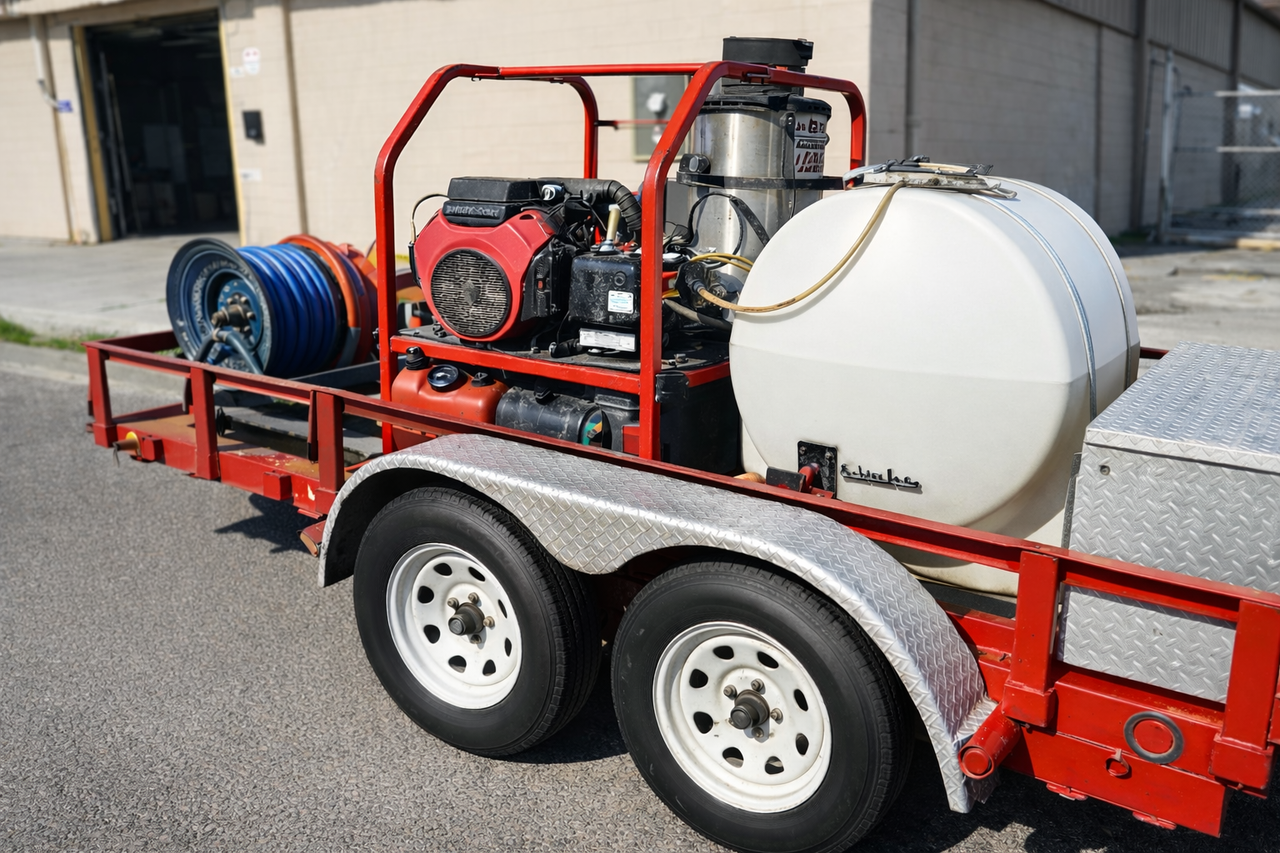 Pressure washing trailer rig