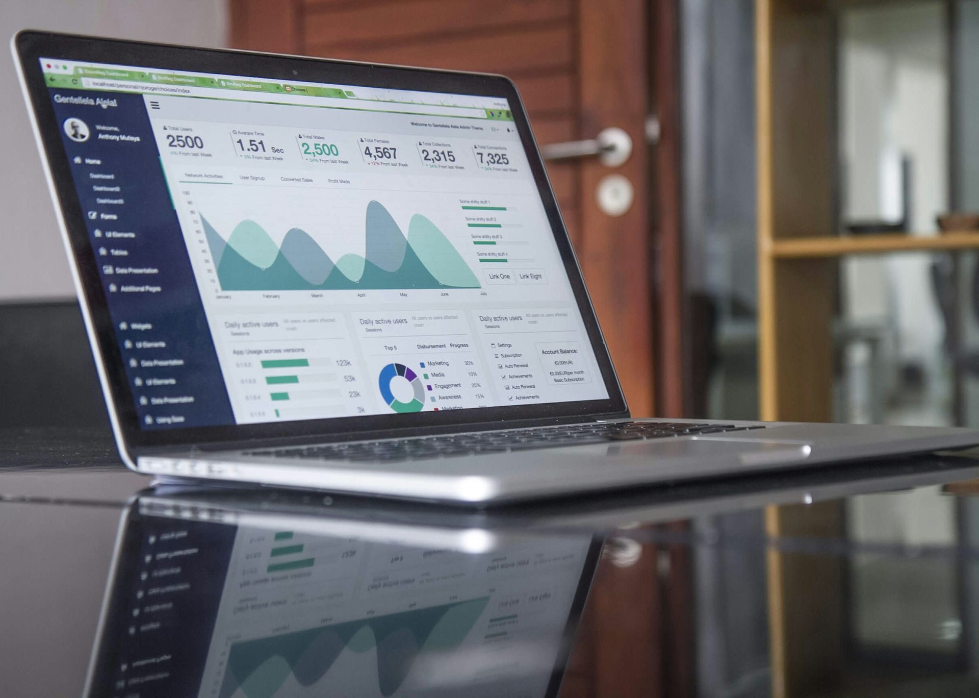 Laptop displaying financial charts and graphs on a reflective desk, office setting.