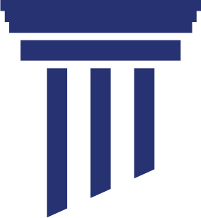 Blue illustration of a stylized classical column with three vertical shafts supporting tiered structures.