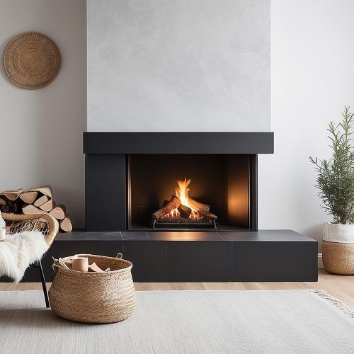 A brown tiled fireplace with a burning fire, decorative vases, and a draped fabric in a living room setting.