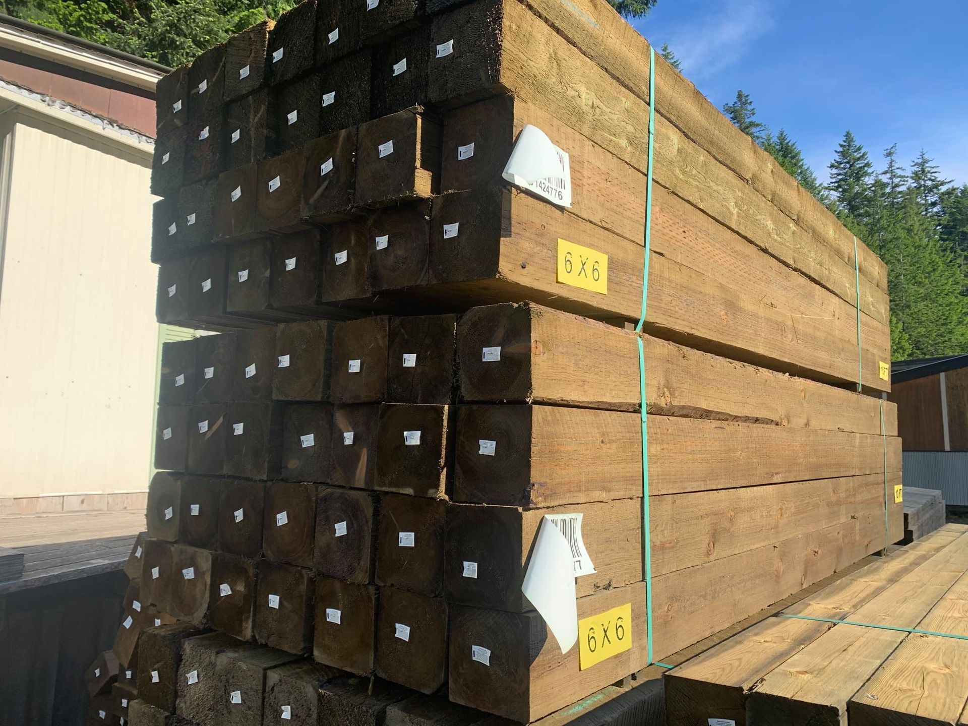 Stacked lumber bundles strapped with green bands on a trailer outdoors