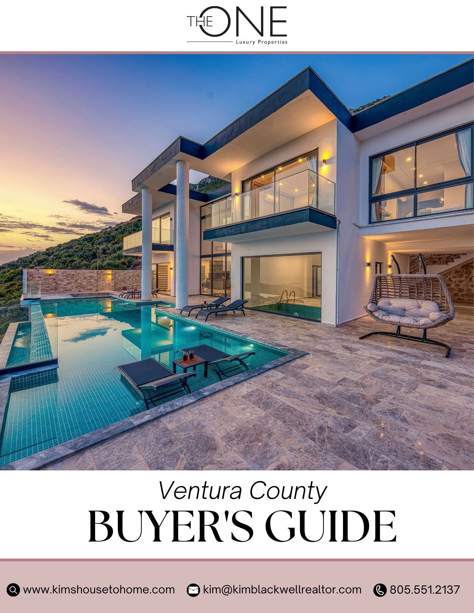 Ventura County buyer’s guide cover with a modern luxury home and pool at sunset