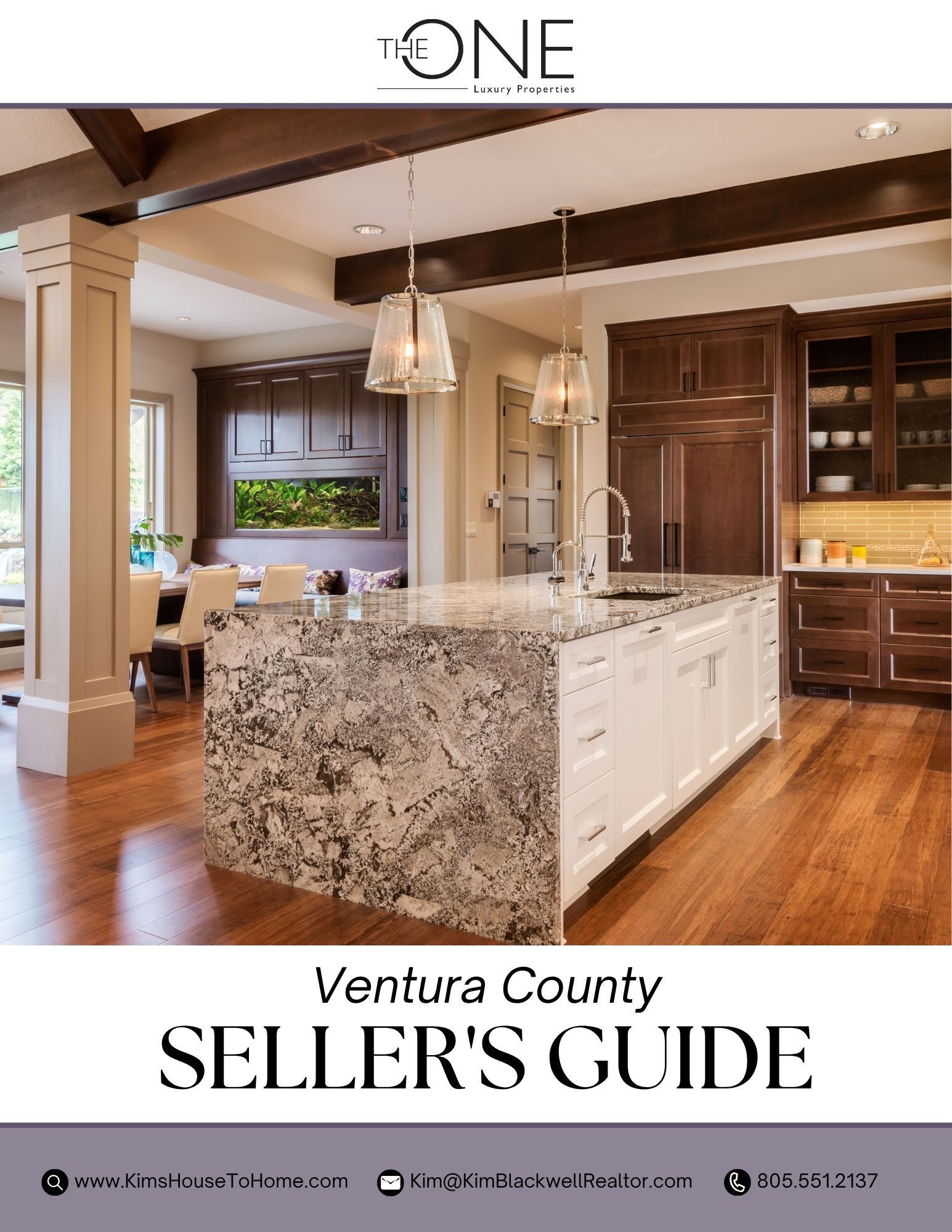 Ventura County sellers guide cover featuring a modern kitchen with wood floors and granite island