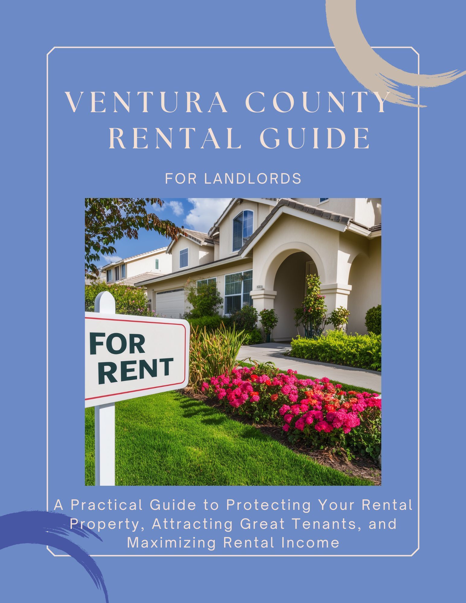 Ventura County rental guide cover with house photo and “For Rent” sign, blue background, for landlords