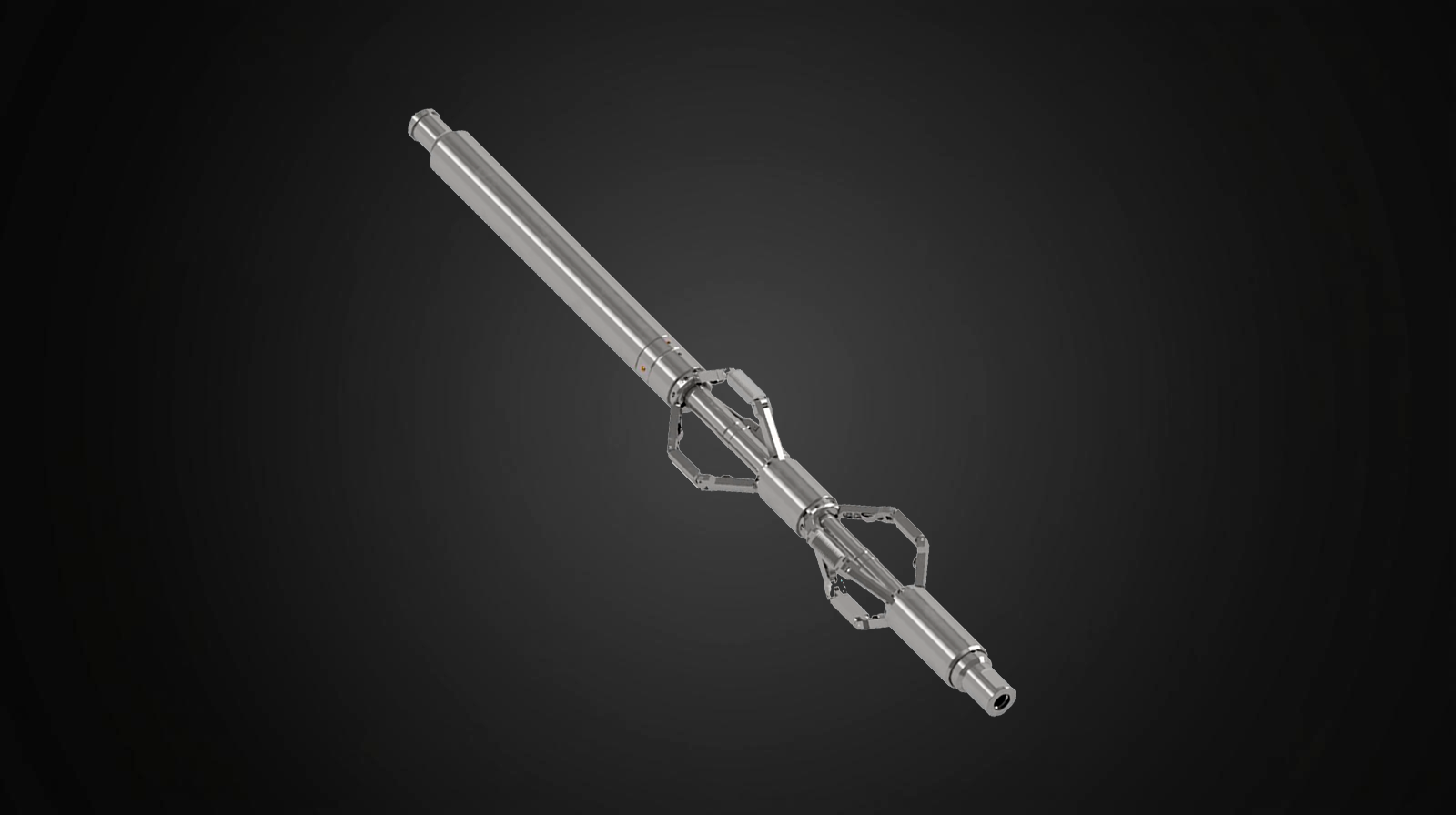 Silver medical device, cylindrical with curved arms, angled against a dark gray background.