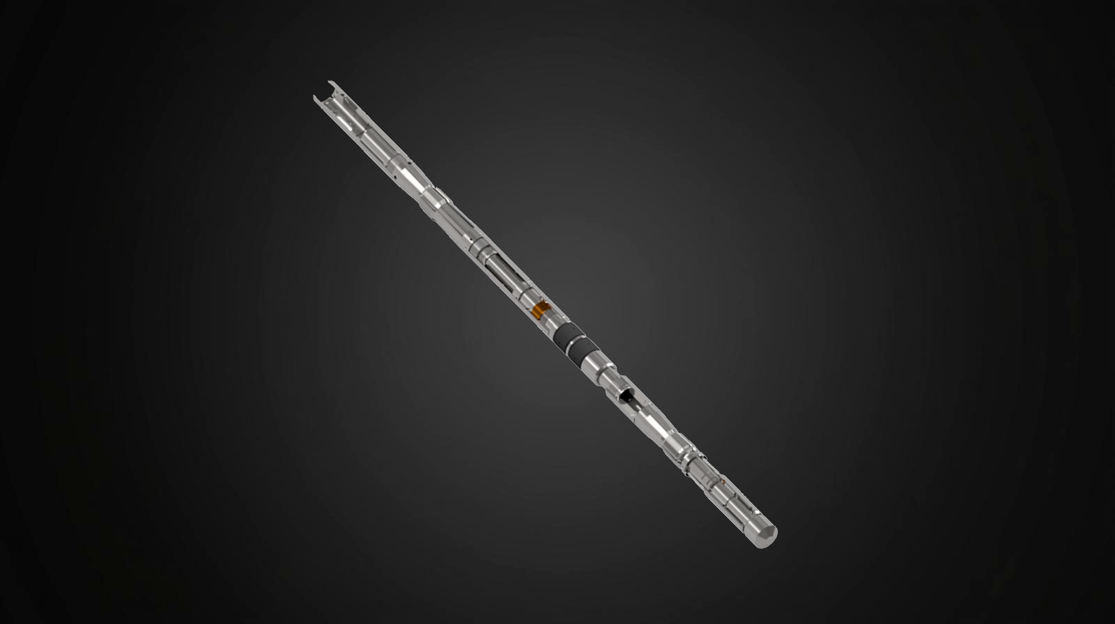 Silver flute on a dark gray background.