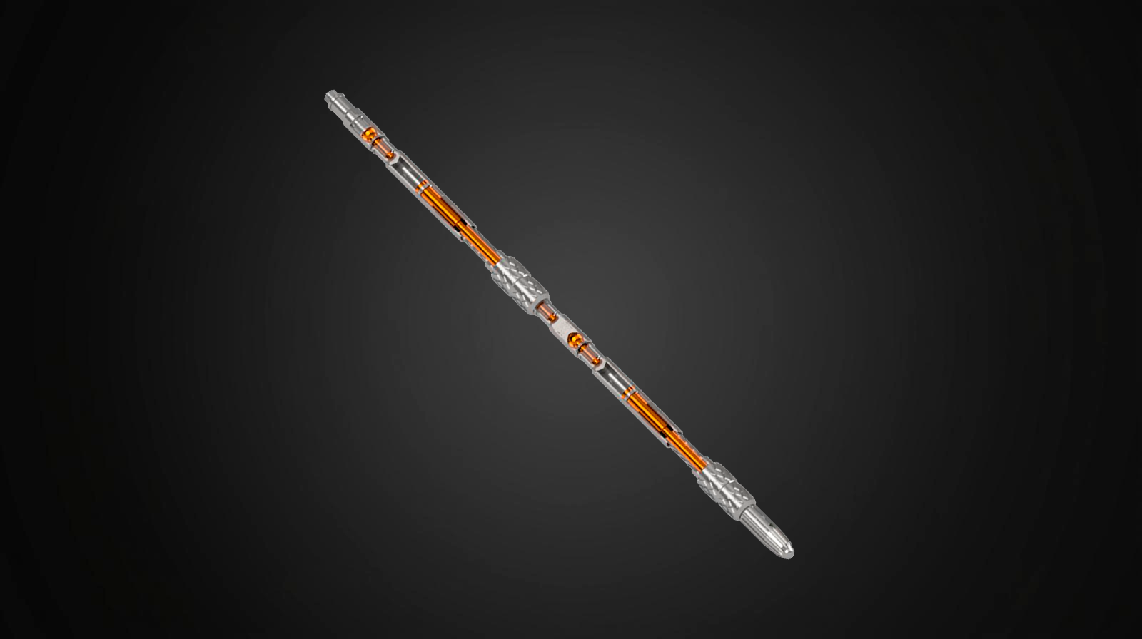 A double-ended staff with silver tips, orange central shaft, and silver detailing on a dark background.