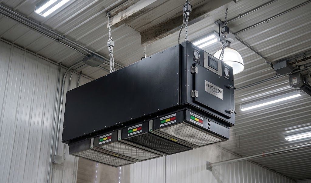 Large black industrial machine suspended from the ceiling in a factory or warehouse interior.