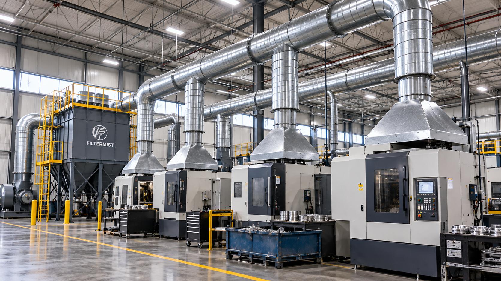 Industrial factory floor with large stainless steel machines, ductwork, and polished concrete floors