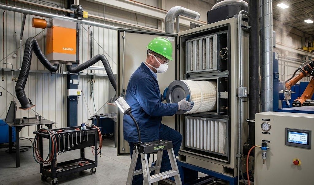 Technician in green hard hat operates industrial furnace in a factory workshop.