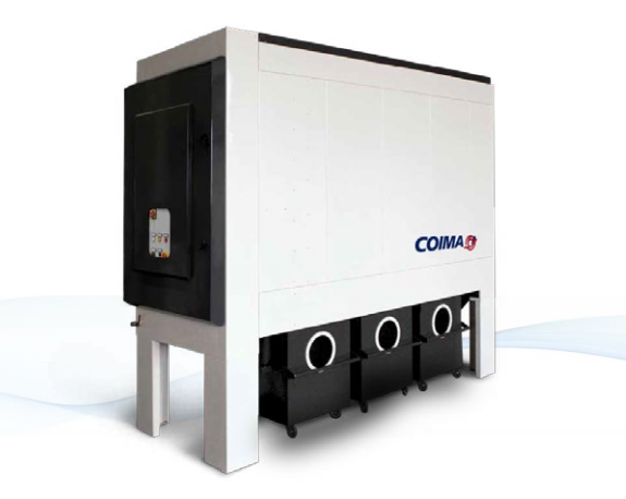 White industrial machine with black side panel and three circular front ports on metal legs