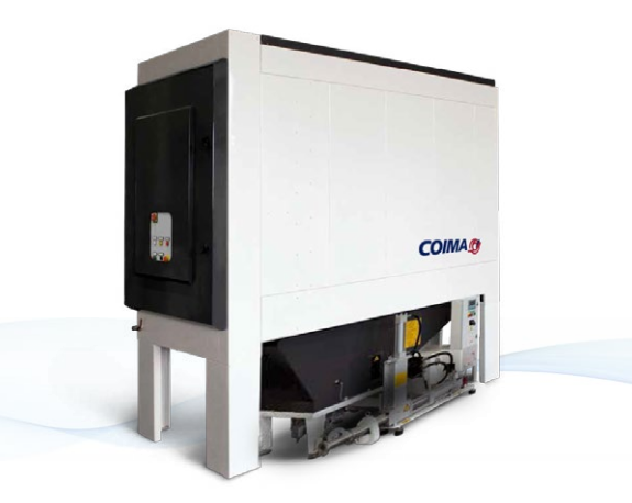 Large white-and-black industrial machine with exposed lower components on a plain white background