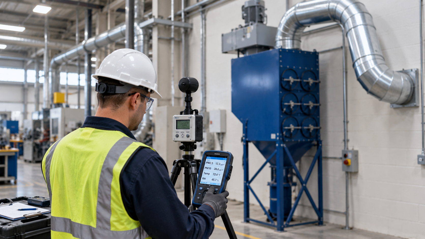 Technician in hard hat using tablet in industrial factory with blue machinery and ventilation ducts