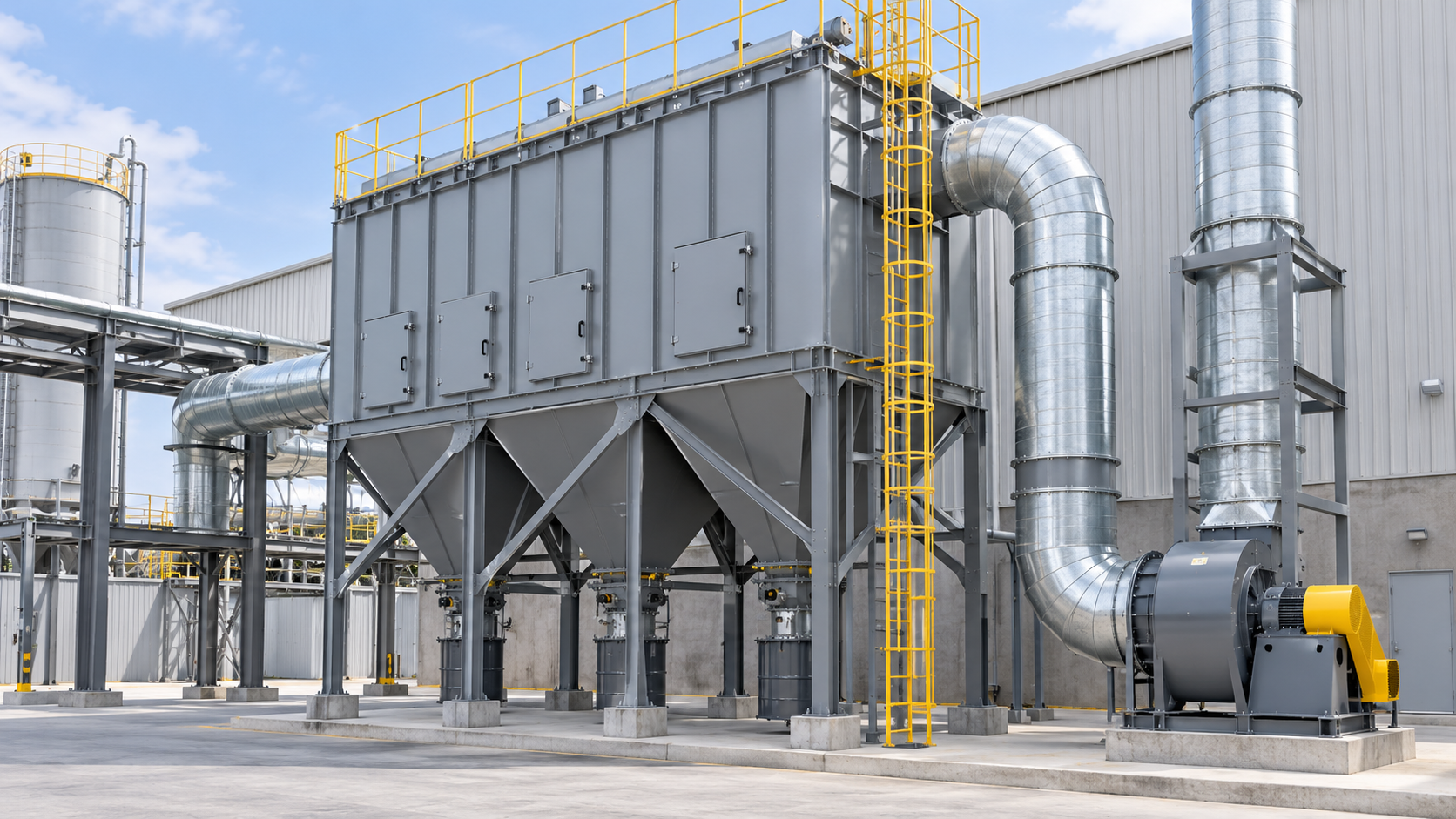 Industrial gray dust collector with metal ducting and yellow ladder at a factory site