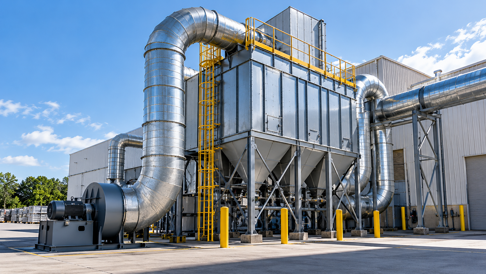 Large silver industrial ventilation and filtration system beside a factory building under a blue sky