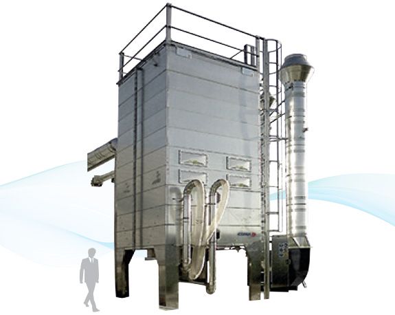 Industrial metal filtration unit with ladder, platform, and tall exhaust stack against a white background