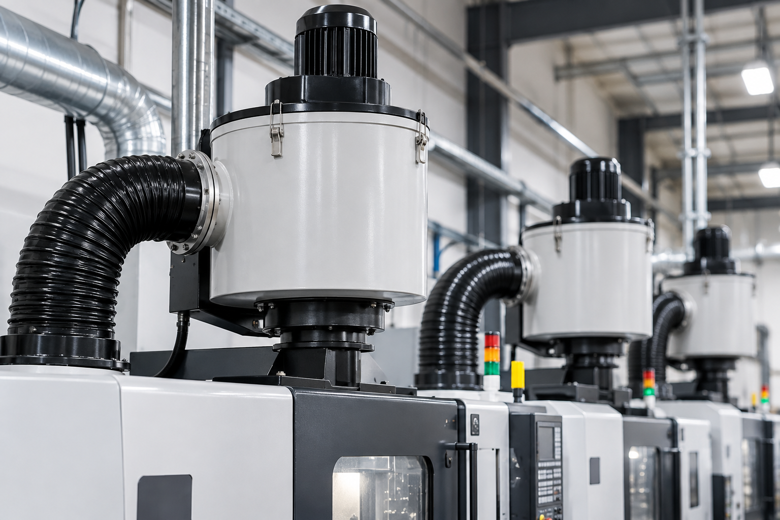 Industrial machines with black hoses in a bright factory row