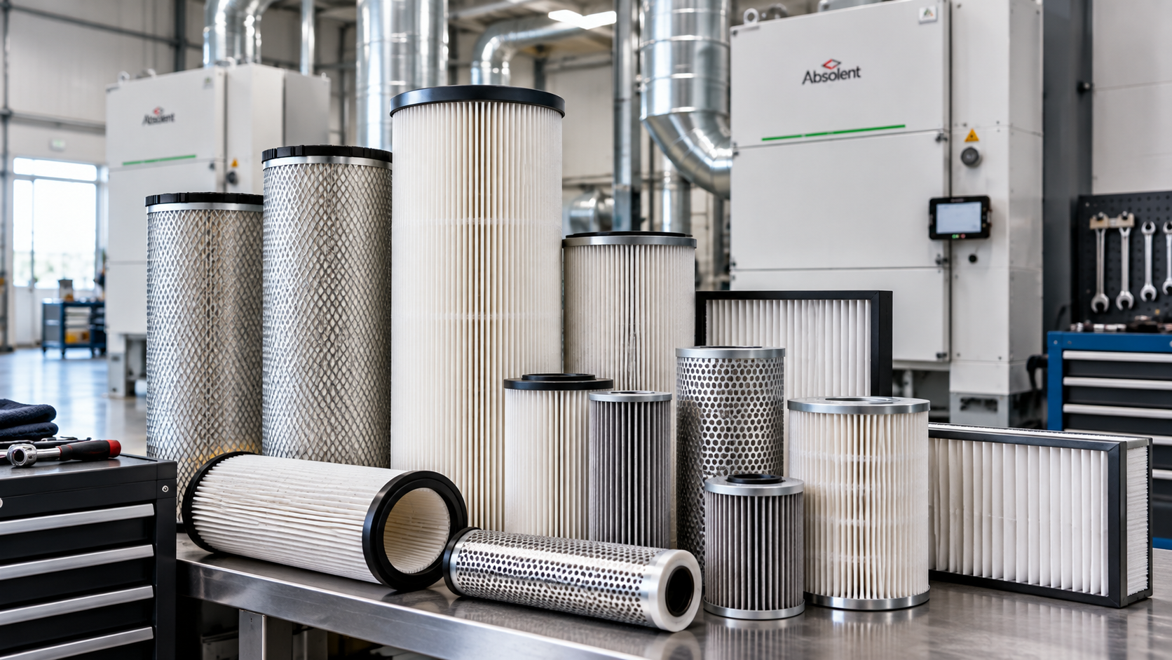 Industrial air and water filters displayed in a warehouse with metal ducts and machinery