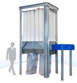 Industrial filtration unit with white vertical filter tubes, metal frame, and blue conveyor on the right.