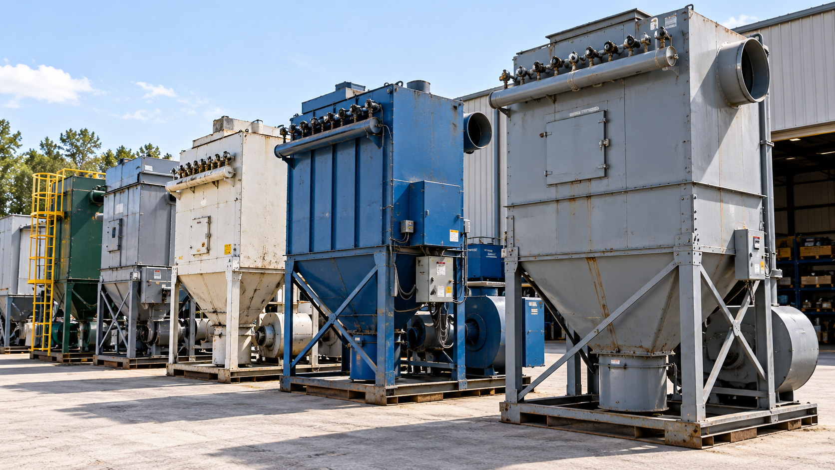 Row of large industrial metal filtration units outdoors, in gray, blue, and white.