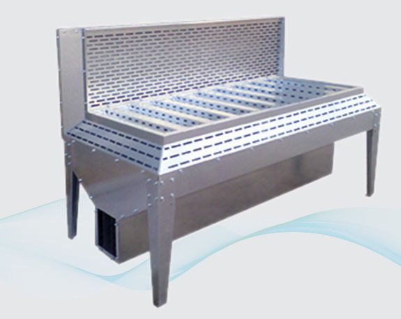 Stainless steel perforated bench with backrest and legs, shown on white background