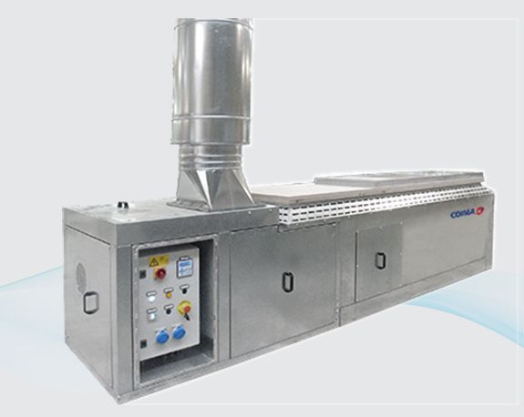 Industrial stainless-steel ducting machine with control panel and vertical exhaust pipe