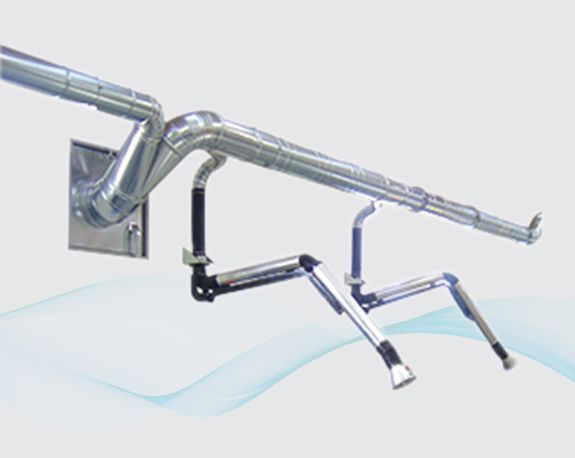 Chrome robotic arms mounted on a wall, extending and rotating in a light gray setting